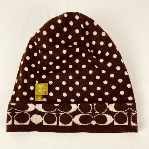 NWOT Coach Signature C and Polka Dot Reversible Beanie Hat Brown Cream - Picture 2 of 9